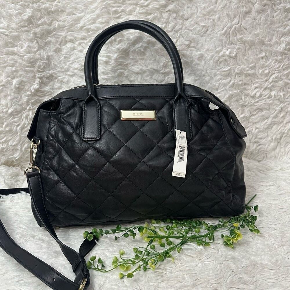 DKNY Quilted Black Napa Lamb Leather Large Zip Tote Shoulder Bag Convertible New